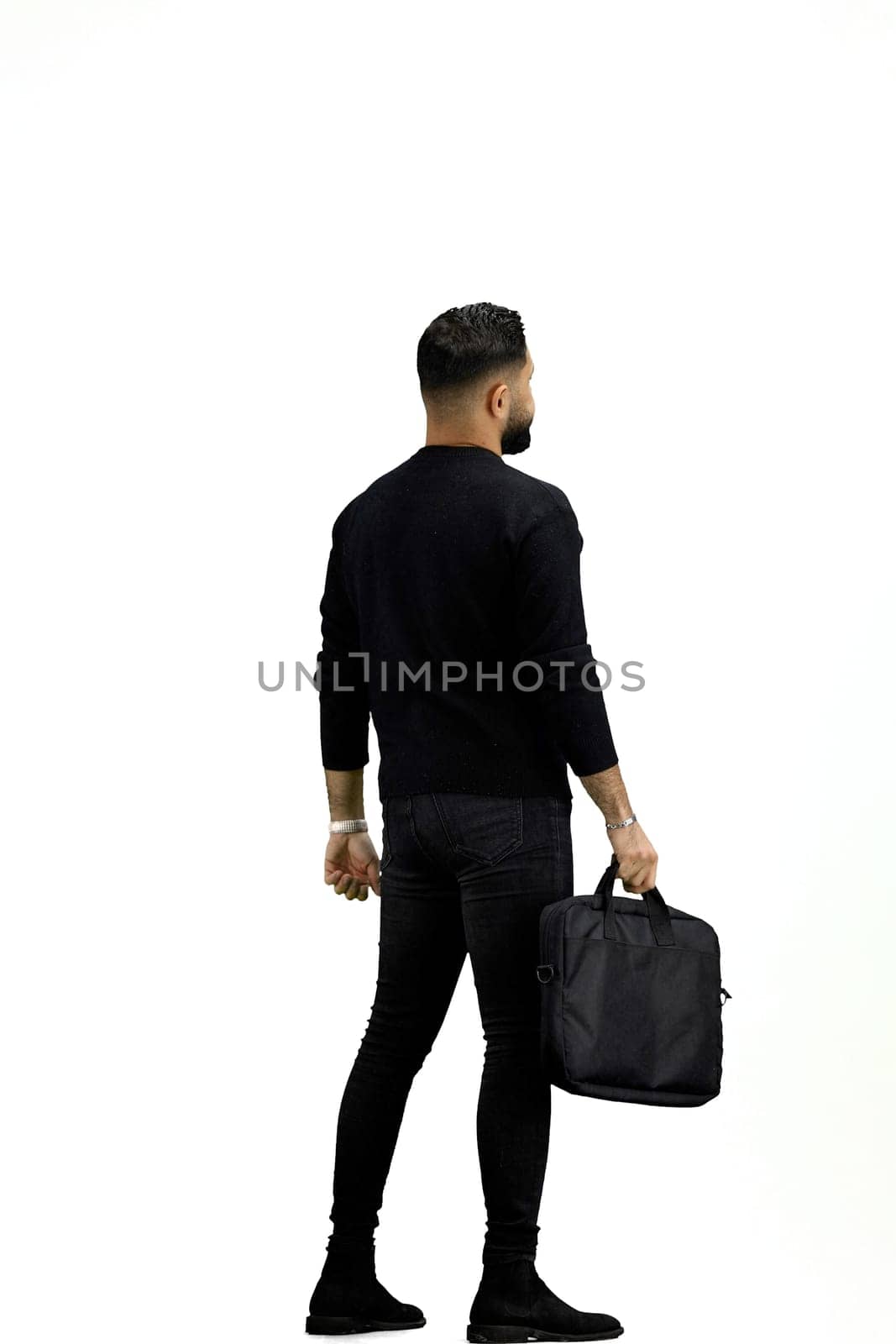 A man, full-length, on a white background, with a briefcase.