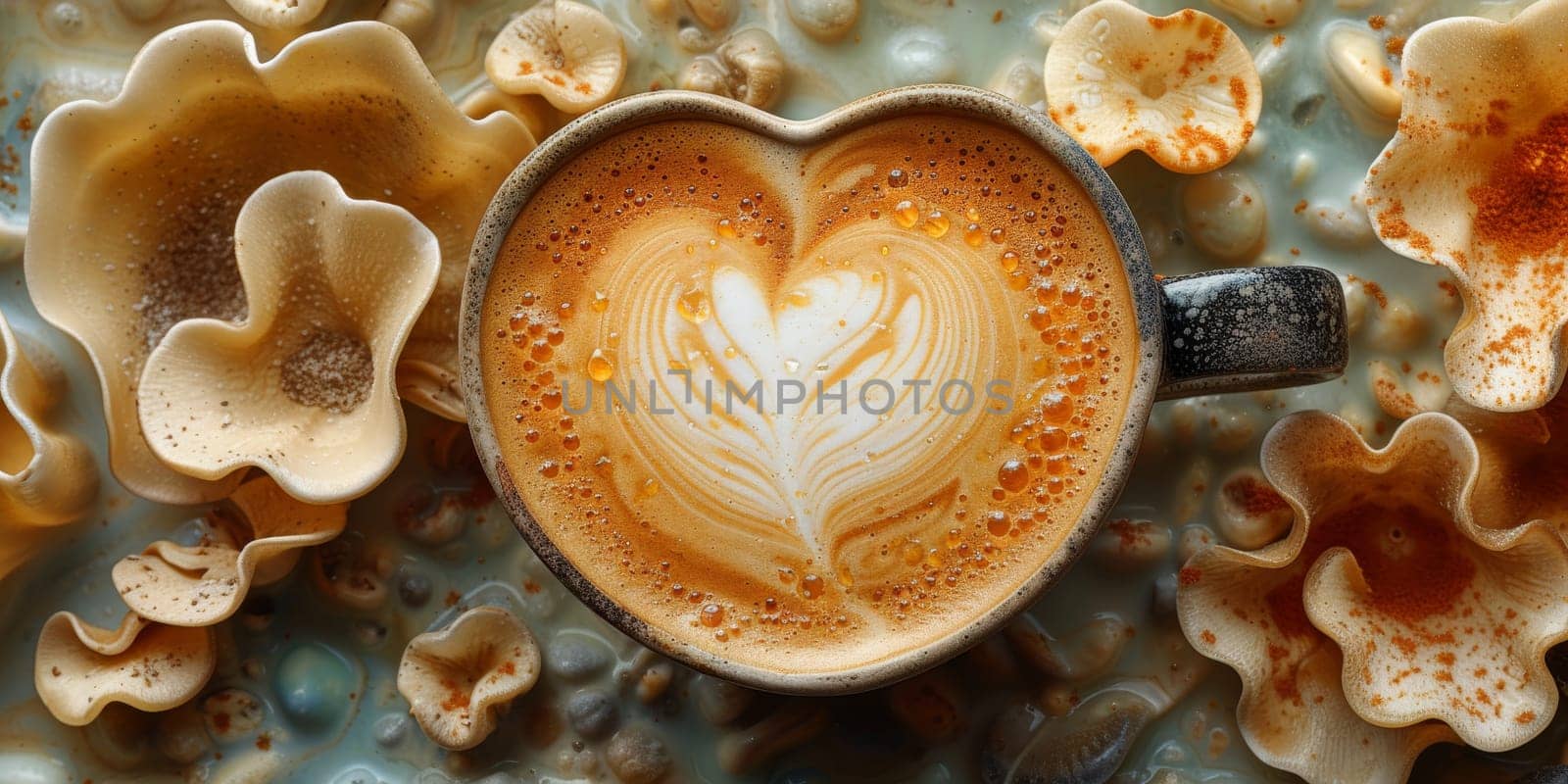 Cups of cappuccino with latte art ,top view,flat lay.