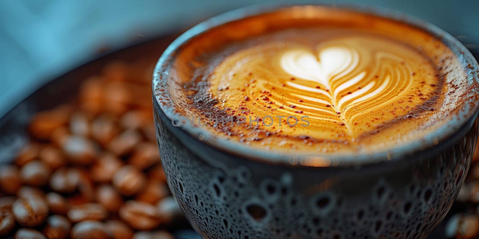 Cups of cappuccino with latte art ,top view,flat lay.