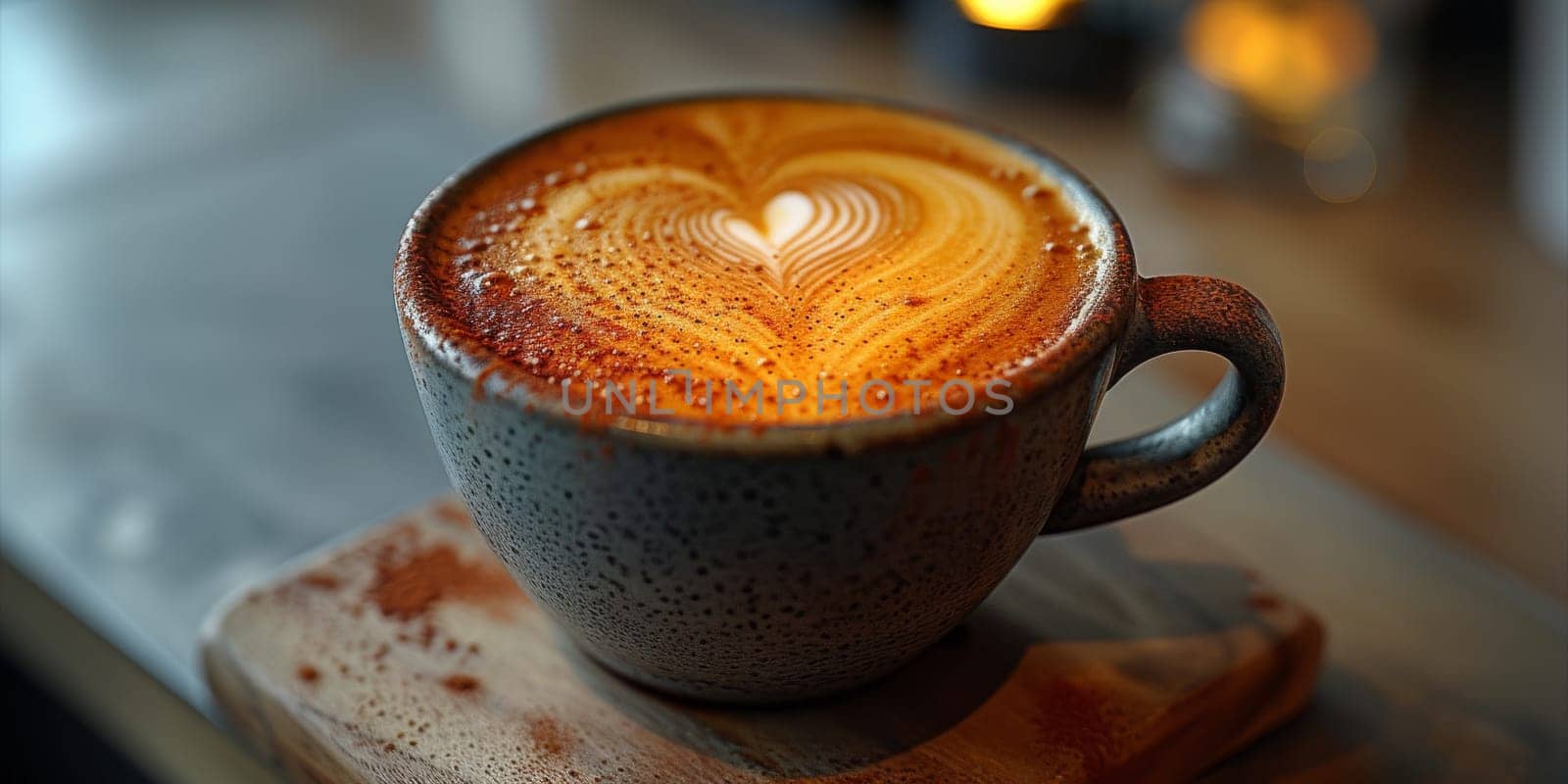 Cups of cappuccino with latte art ,top view,flat lay.