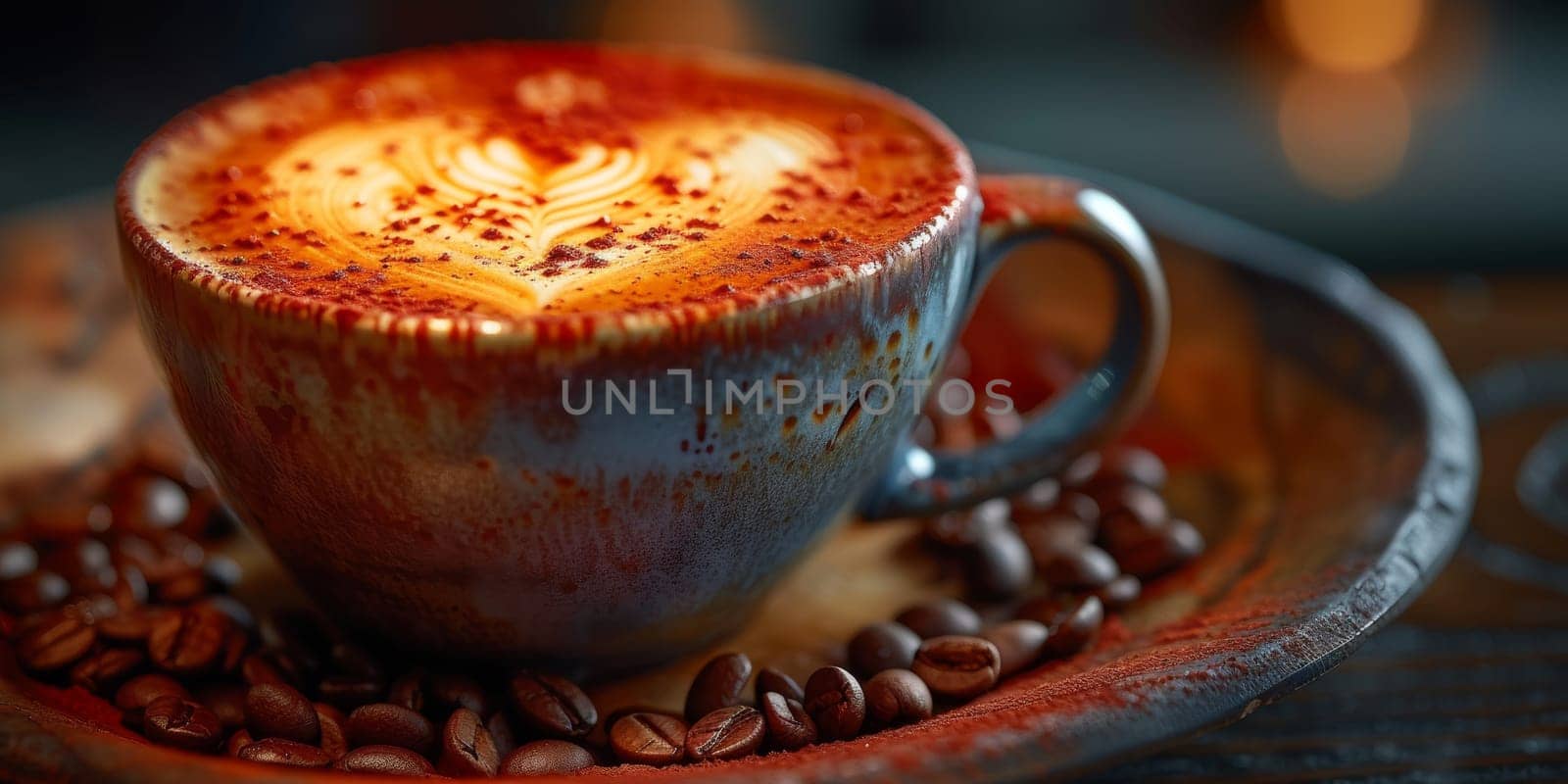 Cups of cappuccino with latte art ,top view,flat lay.