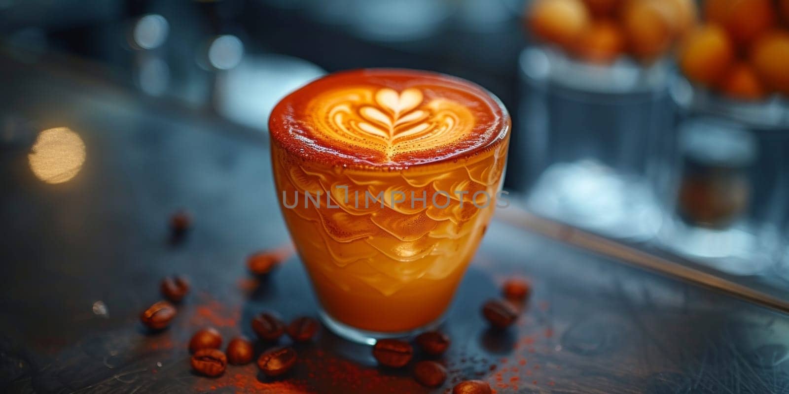 Cups of cappuccino with latte art ,top view,flat lay.