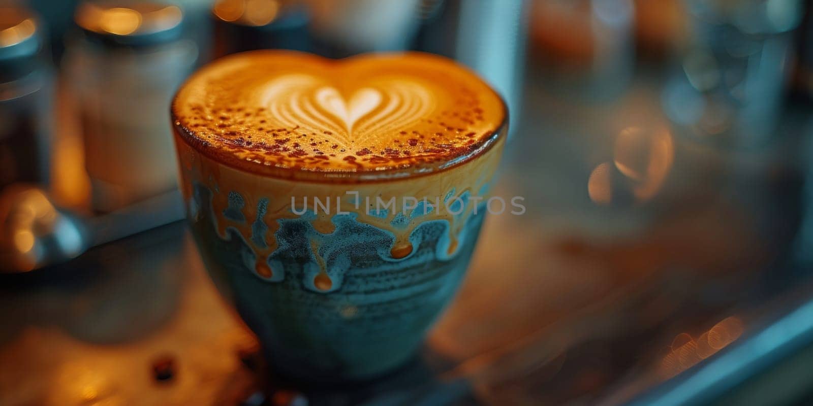 Cups of cappuccino with latte art ,top view,flat lay.