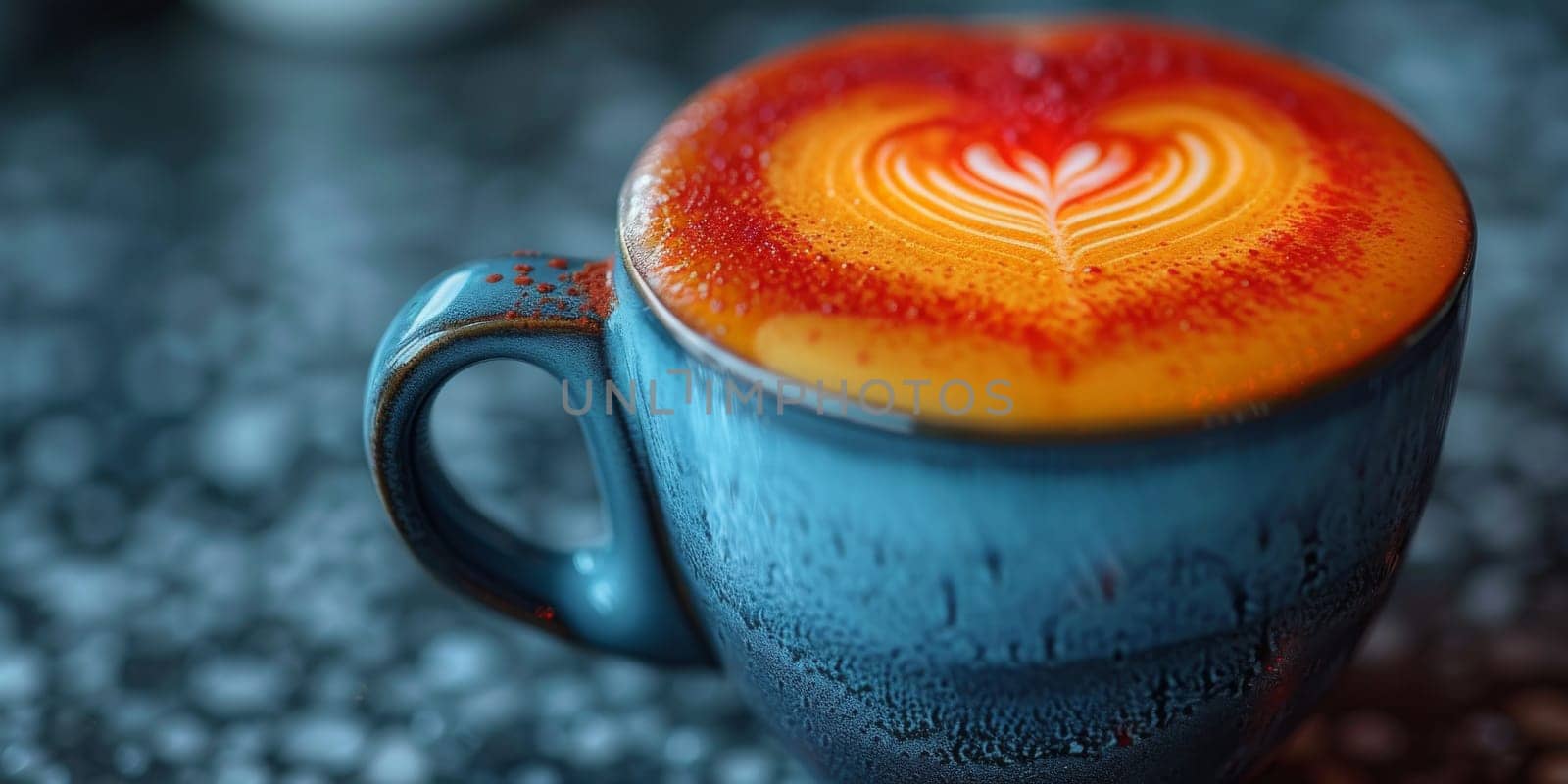 Cups of cappuccino with latte art ,top view,flat lay.