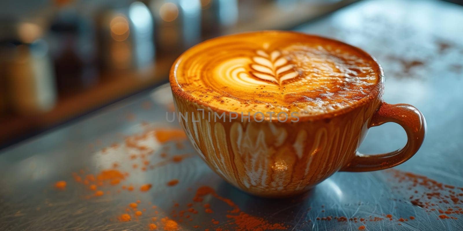 Cups of cappuccino with latte art ,top view,flat lay.