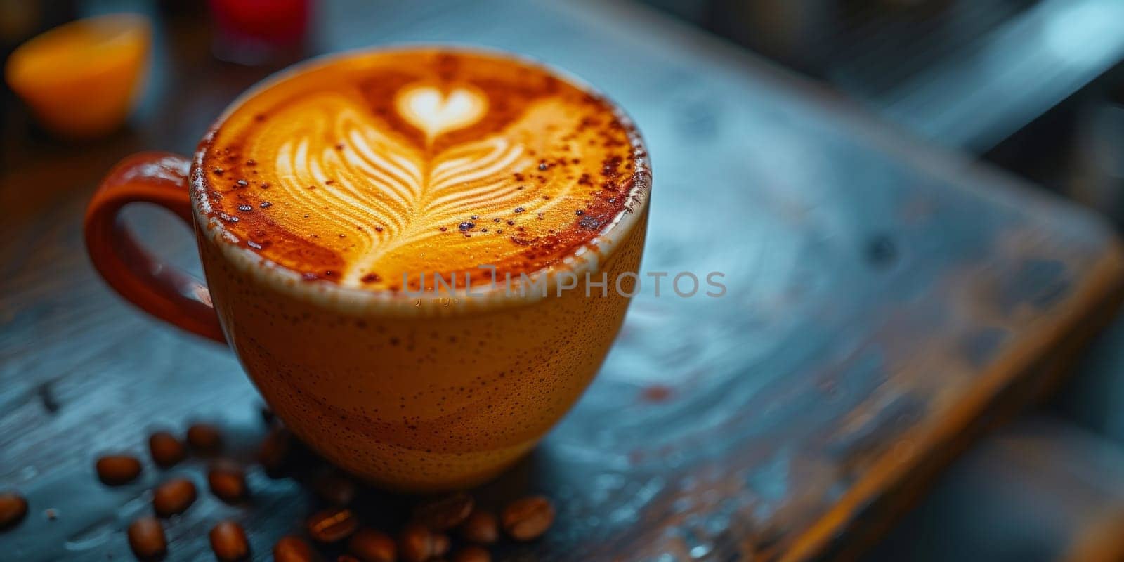 Cups of cappuccino with latte art ,top view,flat lay.