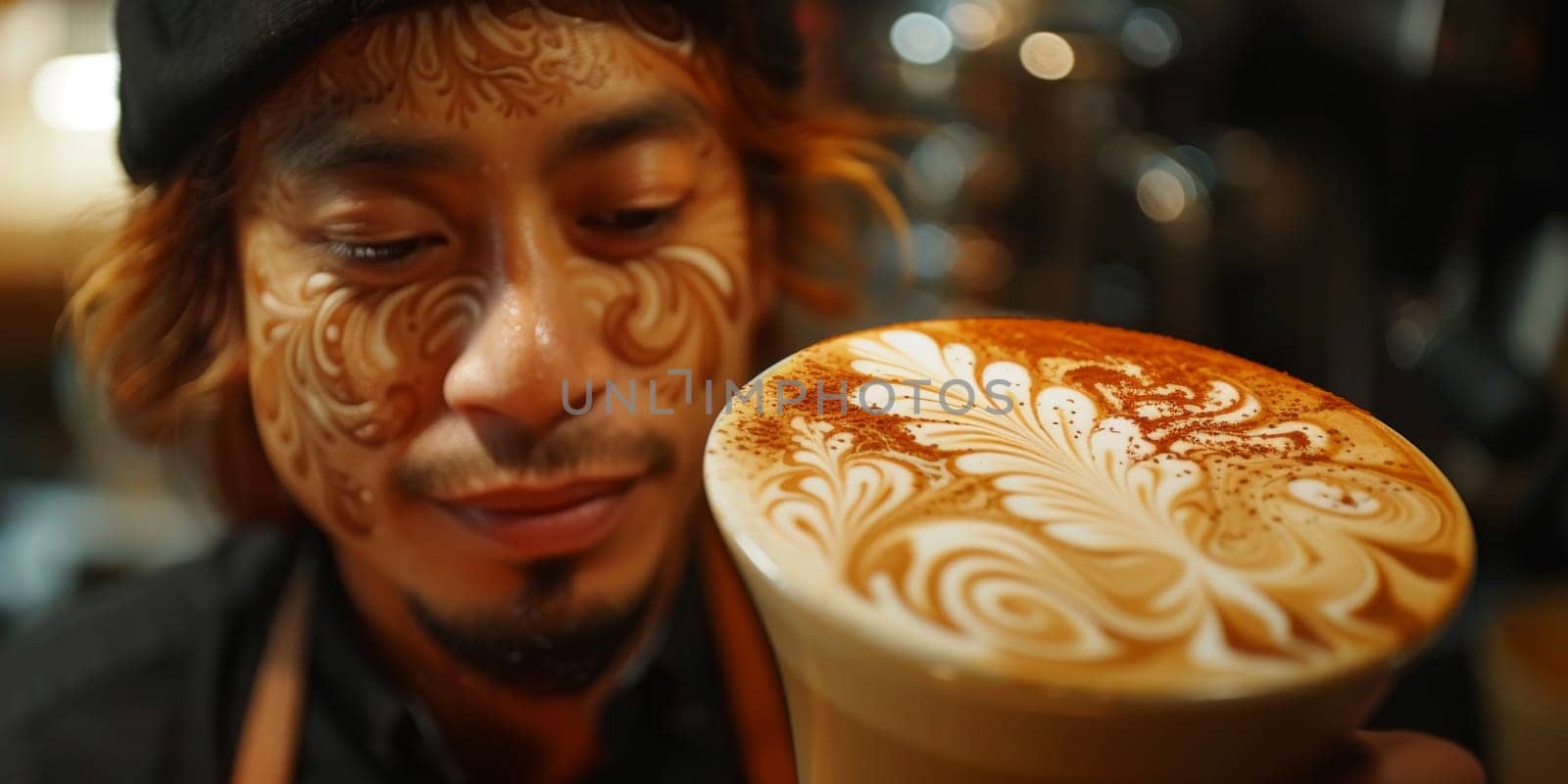 Cups of cappuccino with latte art ,top view,flat lay.