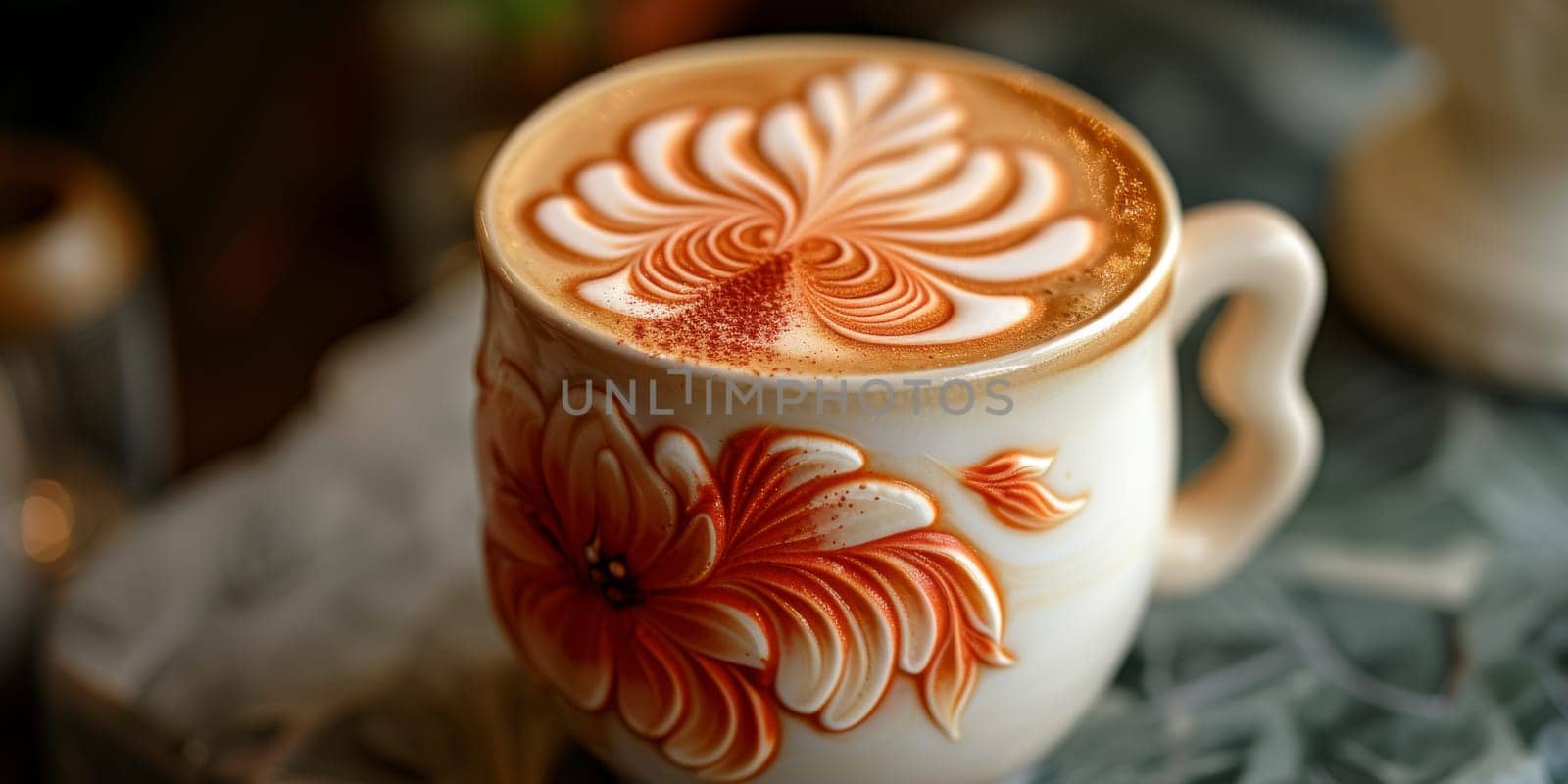 Cups of cappuccino with latte art ,top view,flat lay.