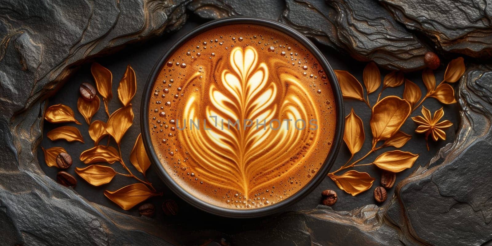 Cups of cappuccino with latte art ,top view,flat lay.