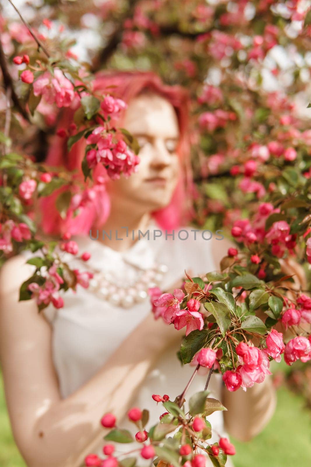 Young girl with pink hair in an Apple orchard. Beautiful young girl in a blooming garden of pink Apple trees.