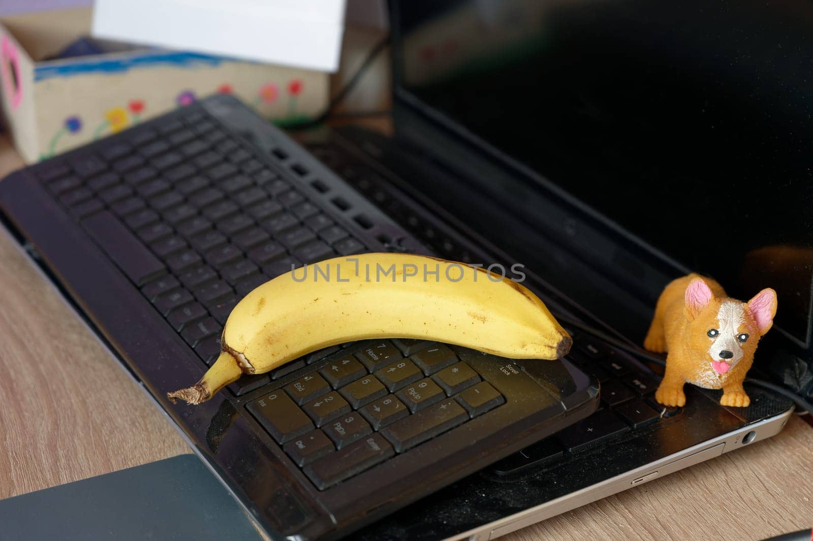 A beautiful fresh banana on a work table at home or in the office with a computer or laptop - notebook. by Montypeter