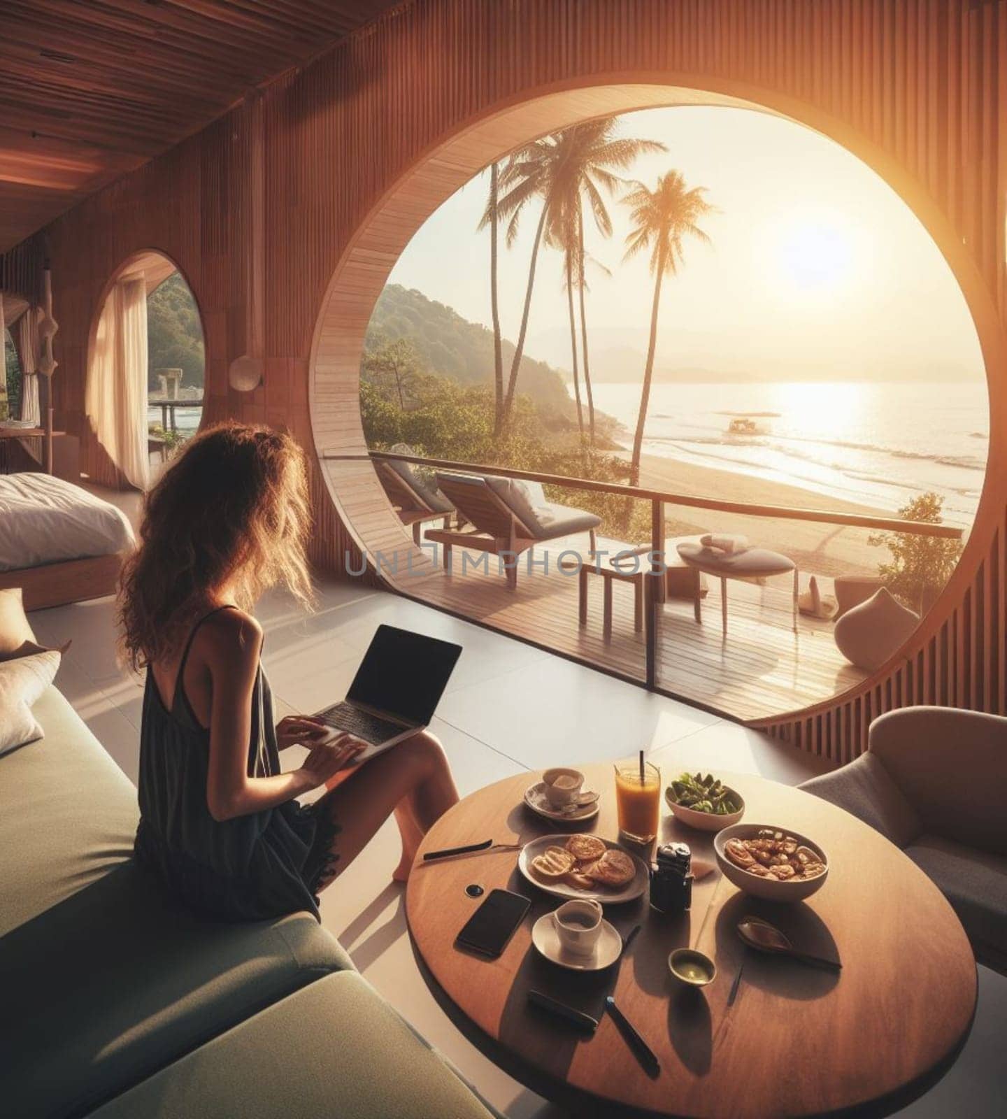 young boss manager trader woman remote work laptop luxury suite early morning sea view panorama by verbano