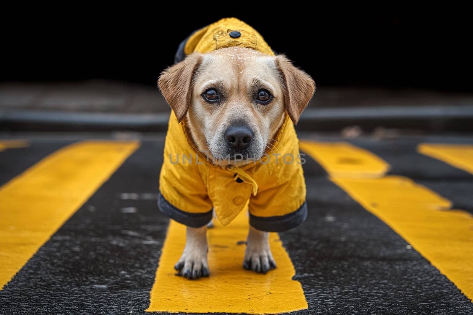 A dog in a yellow raincoat stands at a pedestrian crossing. Portrait