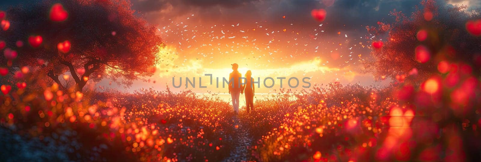 Two People Standing in Field, Celebrating Valentines Day. Generative AI. by but_photo