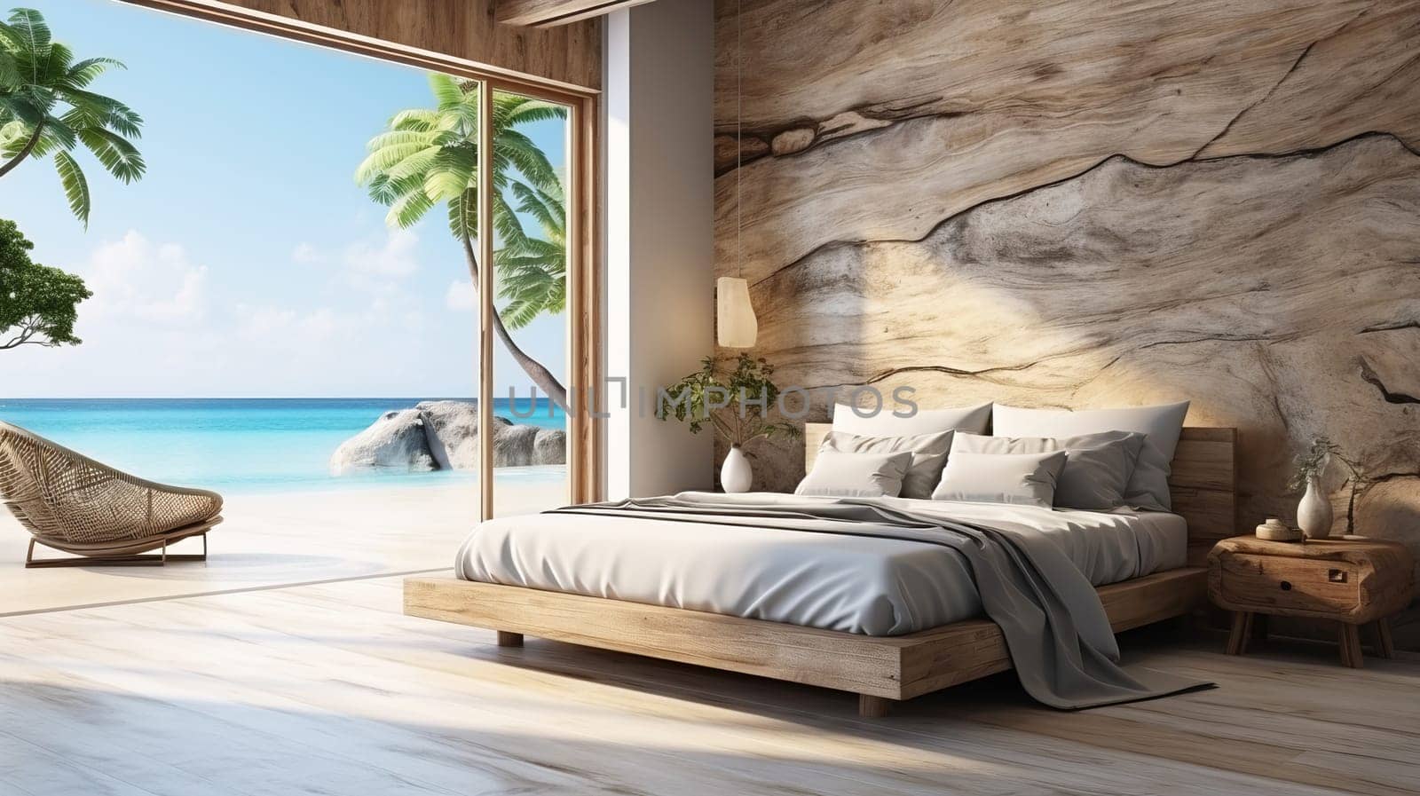 Luxury Hotel Modern interior bedroom with large windows. Summer scene ocean side. Summer, travel, vacation, dreams holiday, resort.