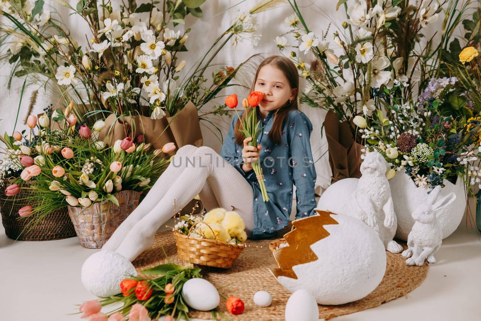 Two girls in a beautiful Easter photo zone with flowers, eggs, chickens and Easter bunnies. Happy Easter holiday