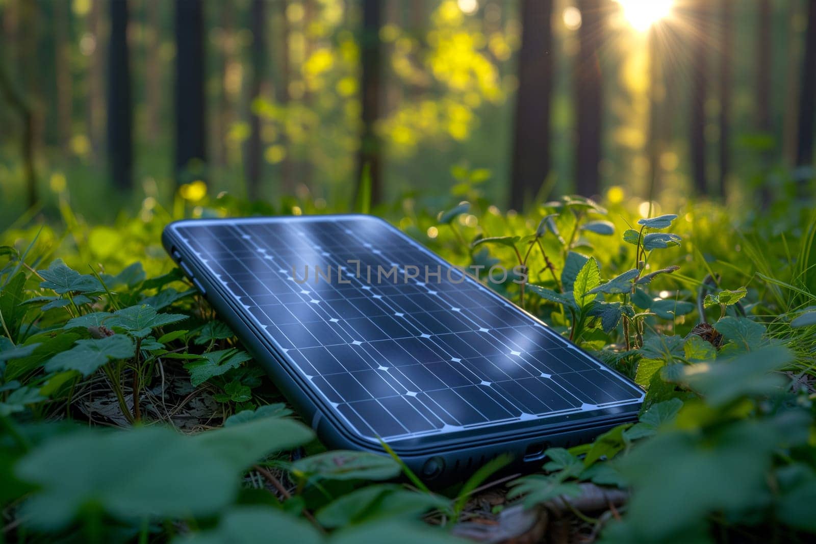 Charging a mobile solar panel lying on the grass. by Sd28DimoN_1976