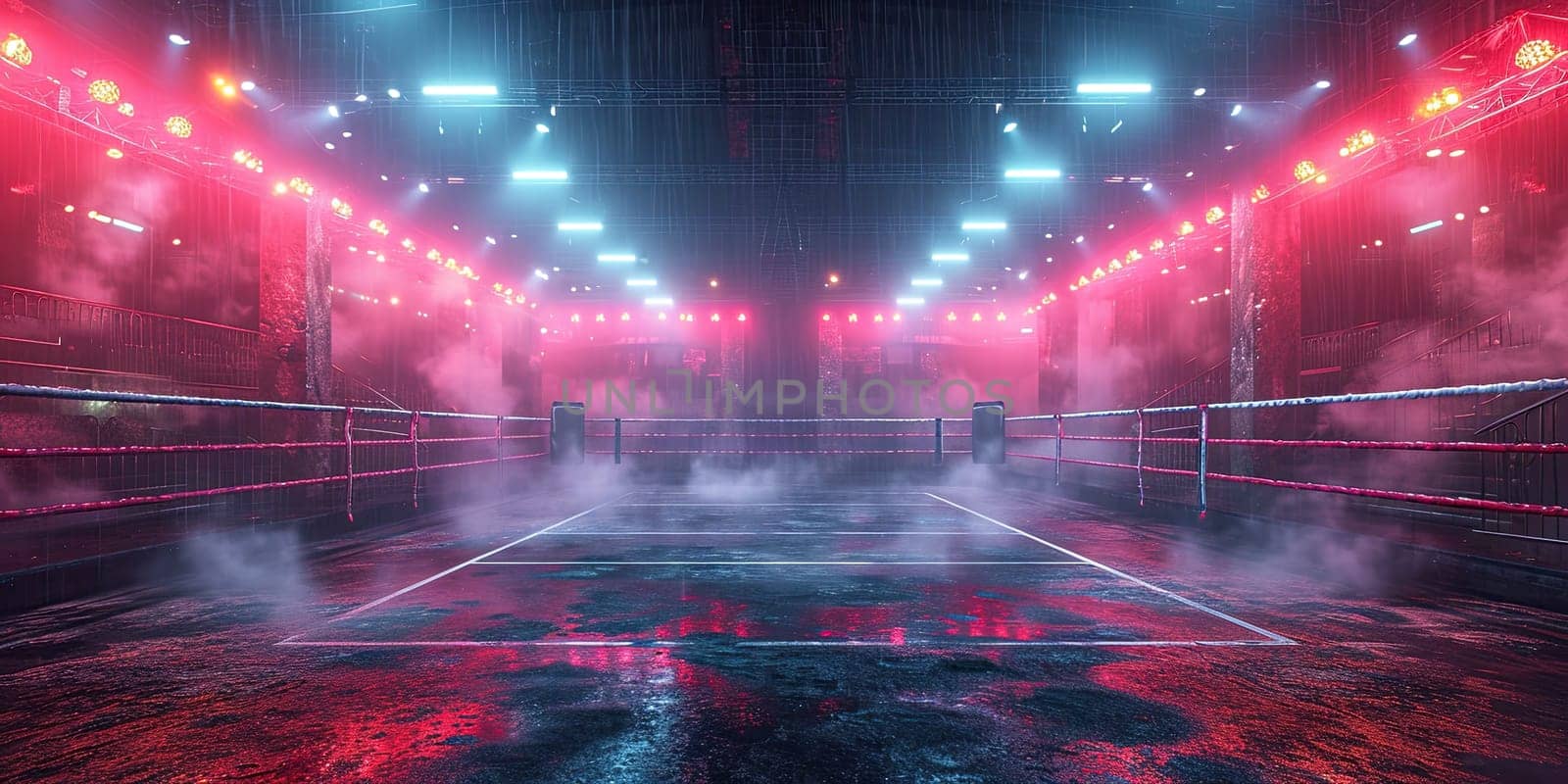 A tennis court engulfed in thick smoke during a fight night, creating a dramatic scene.