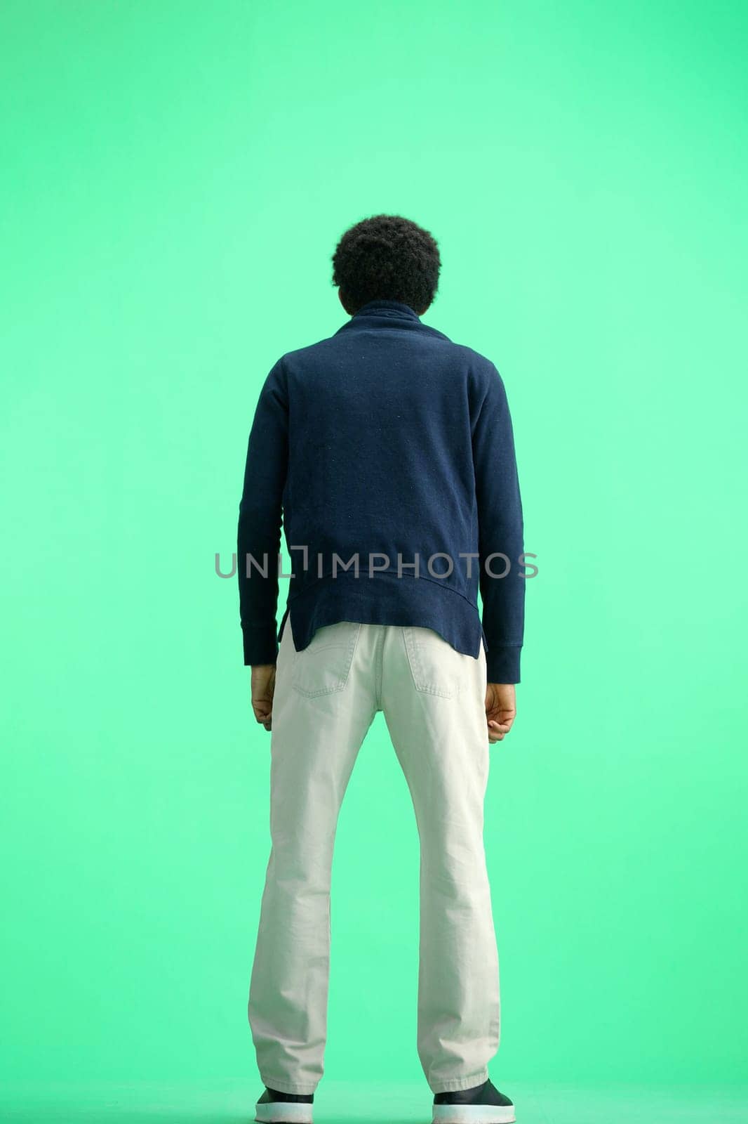 A man, full-length, on a green background.
