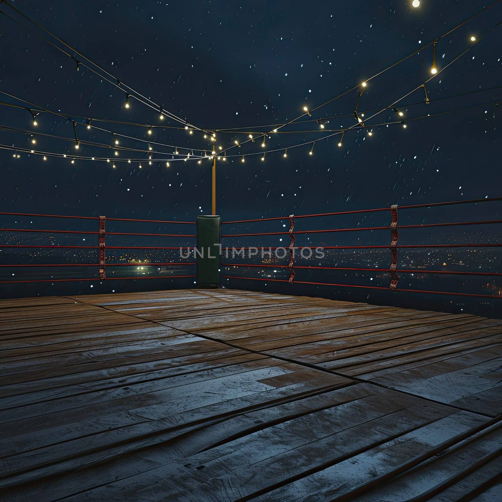 A photo capturing a wooden deck adorned with lights strung across, creating a warm and inviting atmosphere.