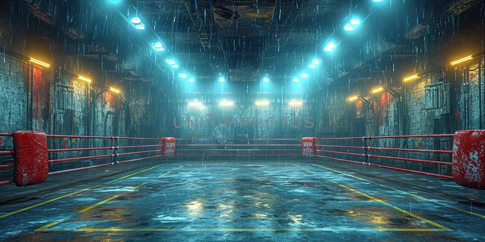 An image capturing the emptiness of a boxing ring adorned with a pair of striking red boxing gloves.