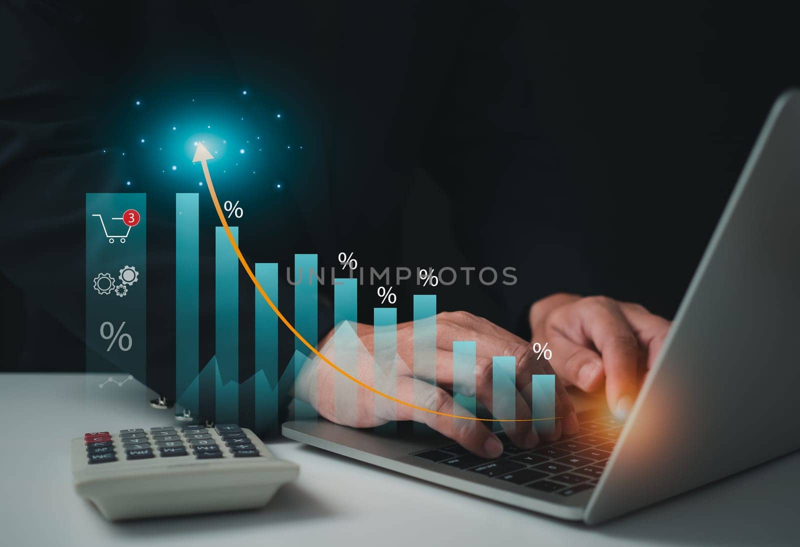 Stock market, Business growth, progress or success concept. Businessman or trader is showing a growing virtual hologram stock, invest in trading. by Unimages2527