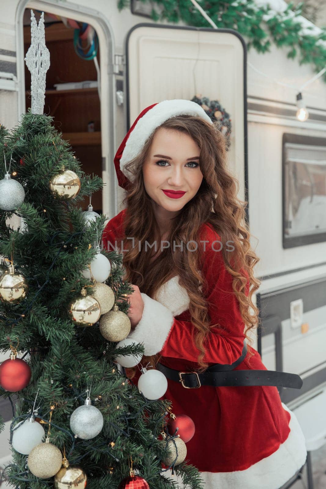 Young woman in santa costume decorates the Christmas tree at winter campsite getting ready for the new year. New year celebration concept