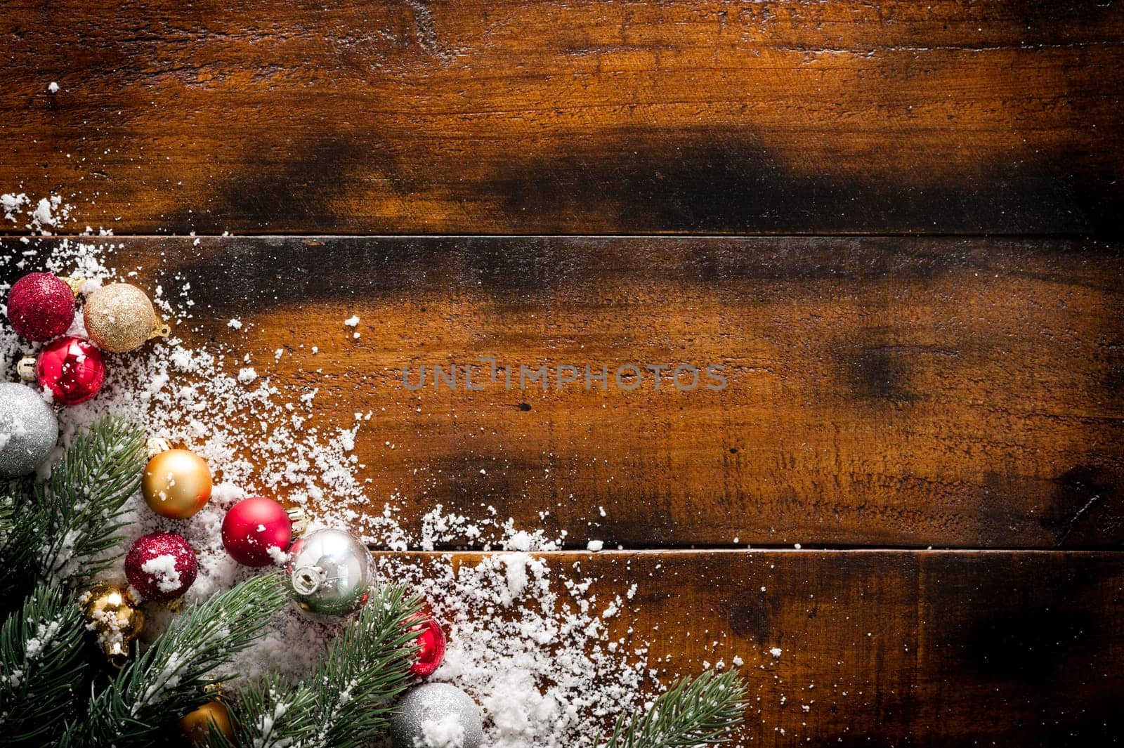 wooden background with fir tree branches and decorations, Christmas and New Year concept