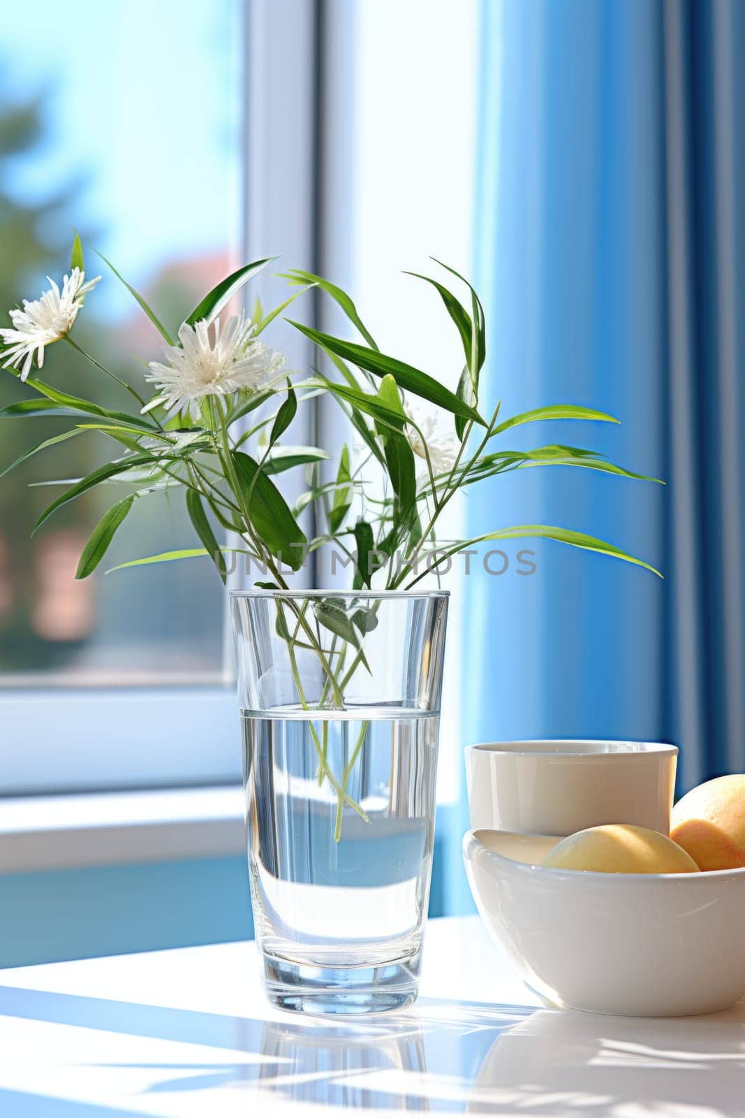 A glass of water and a bowl of fruit on a table. Generative AI.