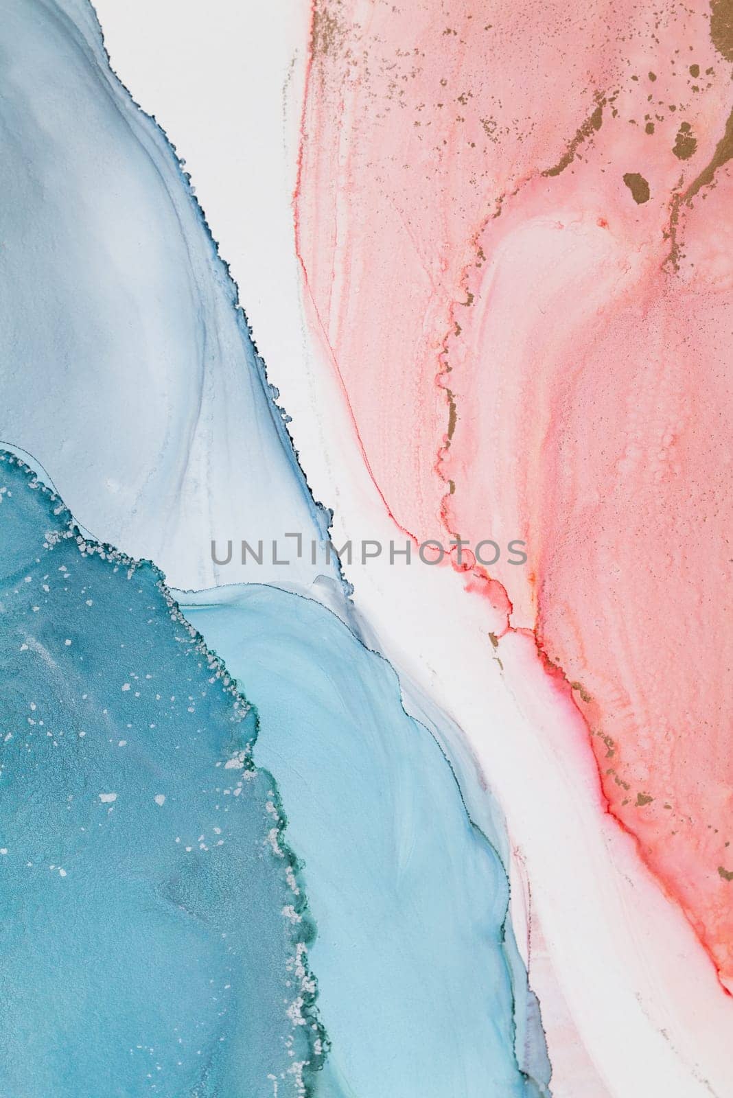 Beautiful background with smudges and stains alcohol ink. Abstract blue, red art with gold. Fragment of art with fluid texture resembles watercolor or aquarelle painting.