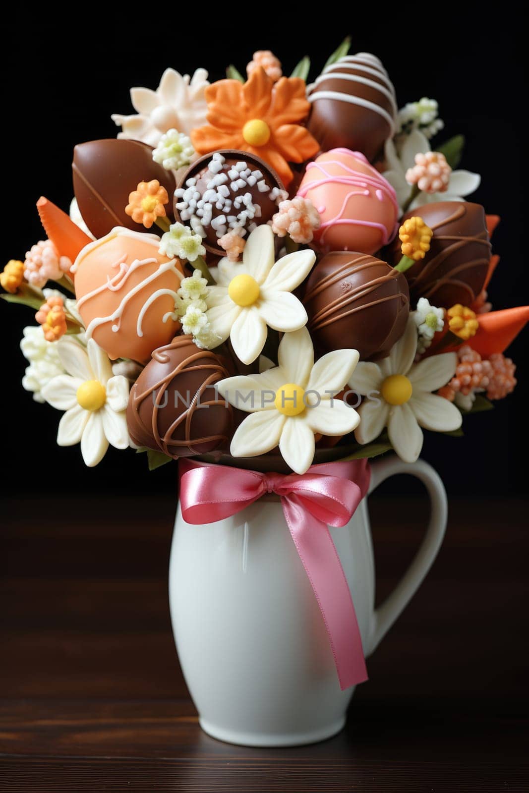 sweet food floral spring nature design for the holiday season. chocolate easter bouquet with ribbon. ai generated