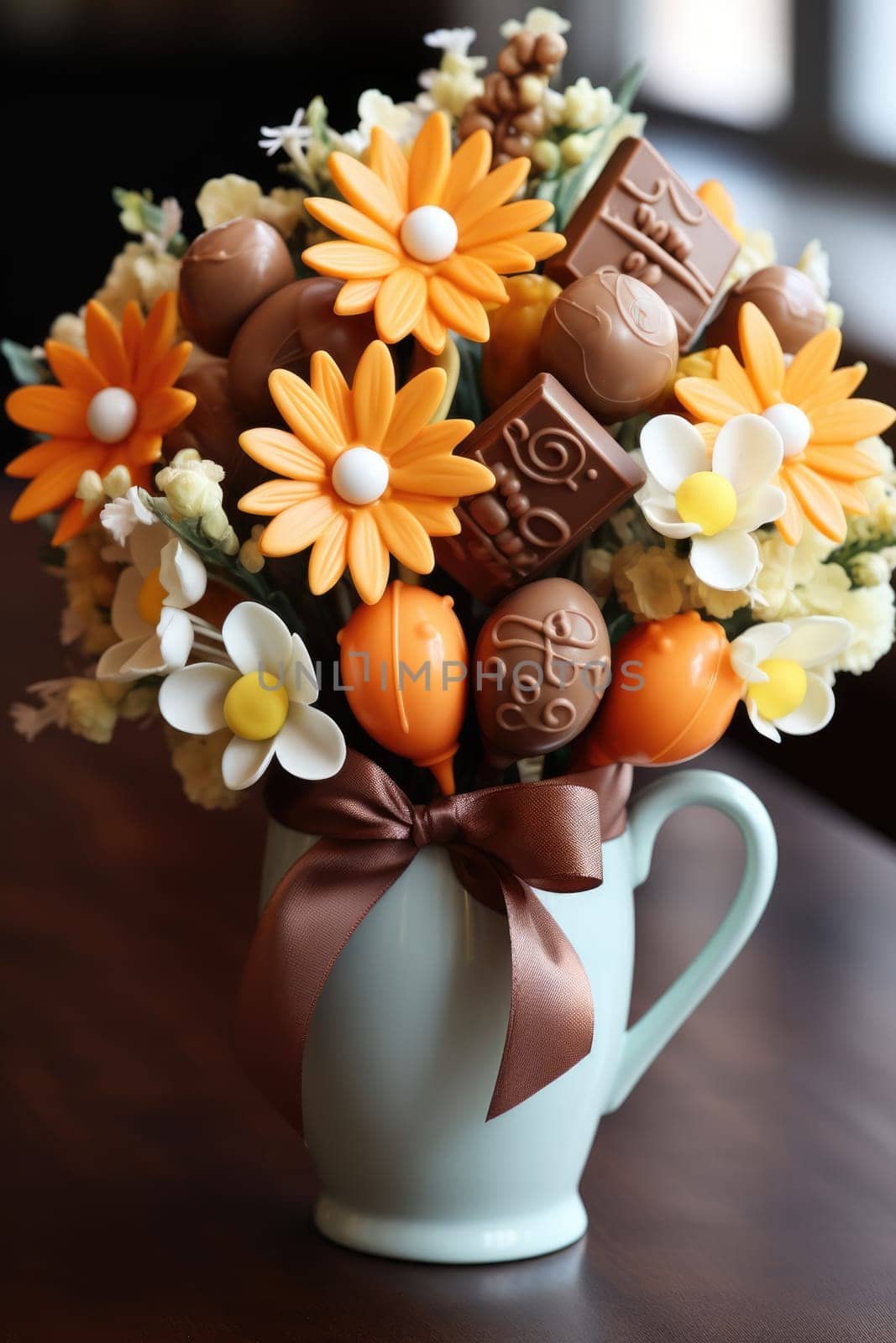 chocolate easter bouquet with ribbon. ai generated by Desperada