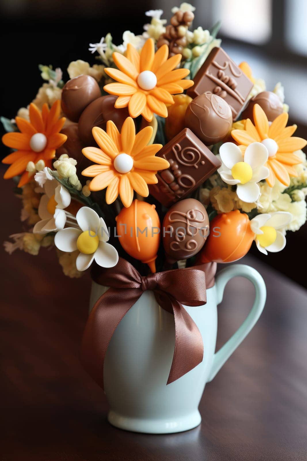 sweet food floral spring nature design for the holiday season. chocolate easter bouquet with ribbon. ai generated