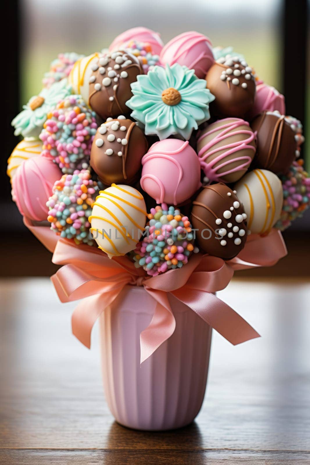 sweet food floral spring nature design for the holiday season. chocolate easter bouquet with ribbon. ai generated