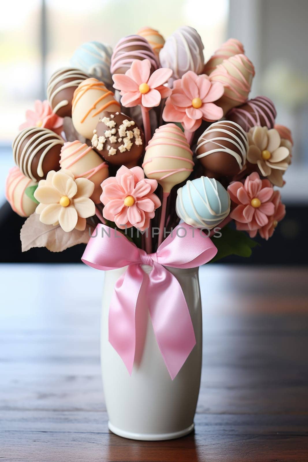 sweet food floral spring nature design for the holiday season. chocolate easter bouquet with ribbon. ai generated