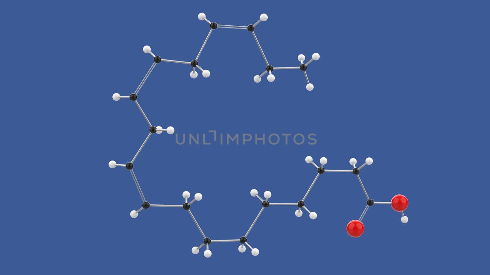 Alpha-linolenic acid, Omega 3 ALA 3D molecule structure, on blue background, 3D rendering illustration