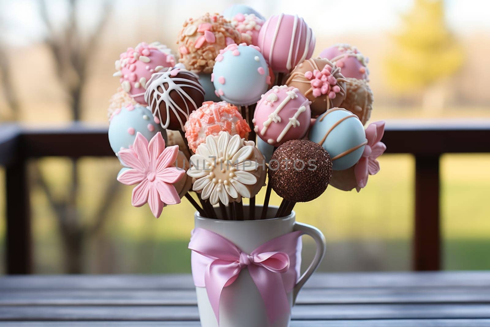 sweet food floral spring nature design for the holiday season. chocolate easter bouquet with ribbon. ai generated