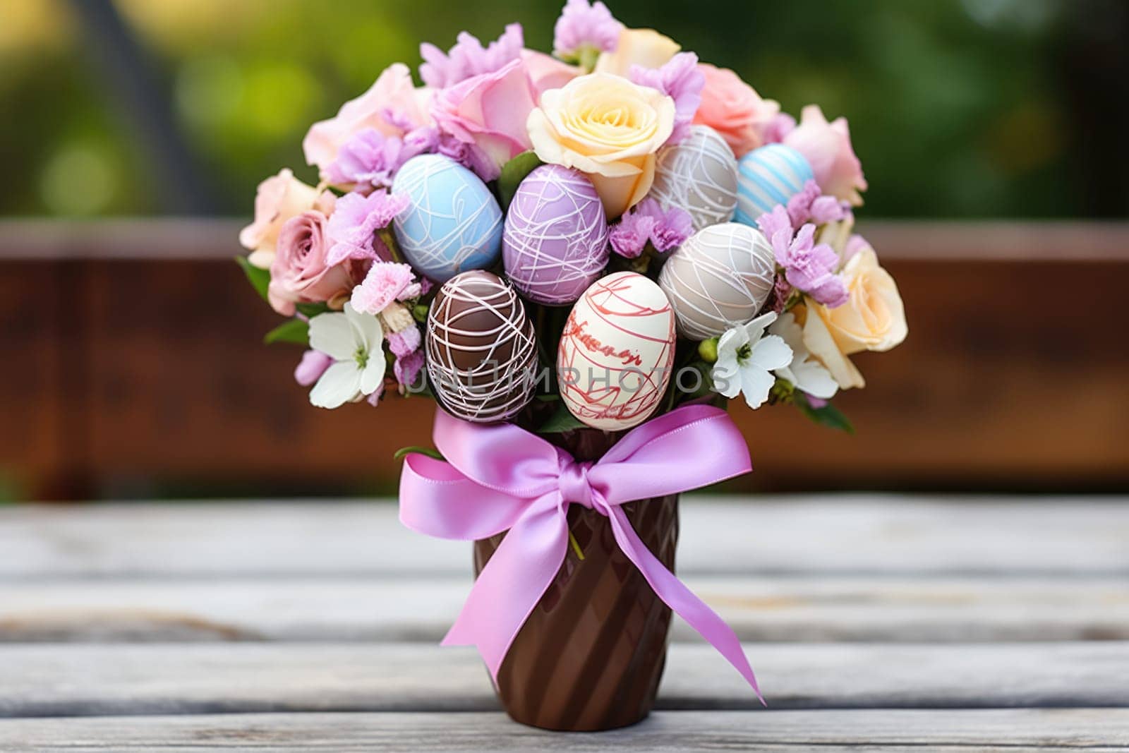 sweet food floral spring nature design for the holiday season. chocolate easter bouquet with ribbon. ai generated