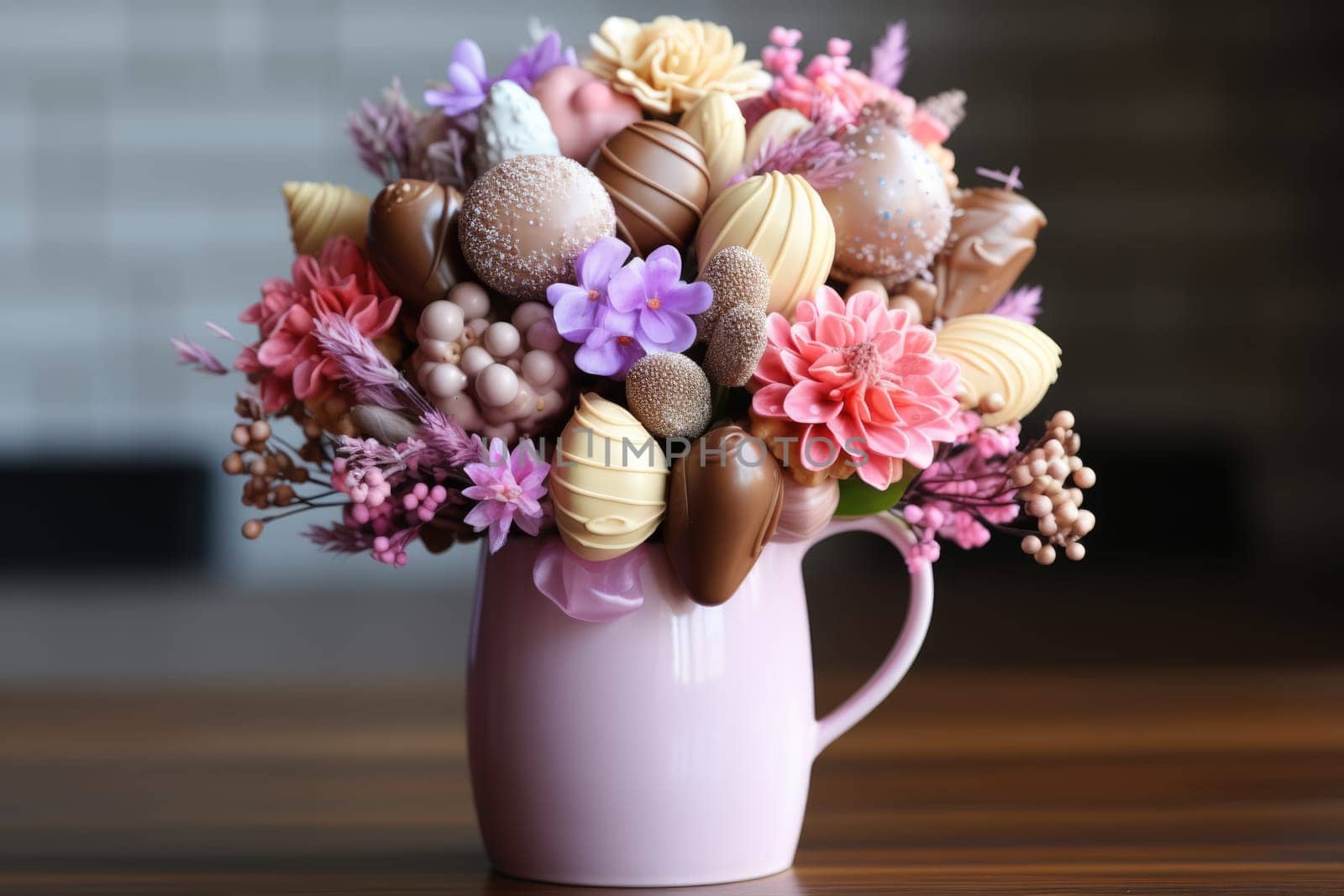 sweet food floral spring nature design for the holiday season. chocolate easter bouquet with ribbon. ai generated