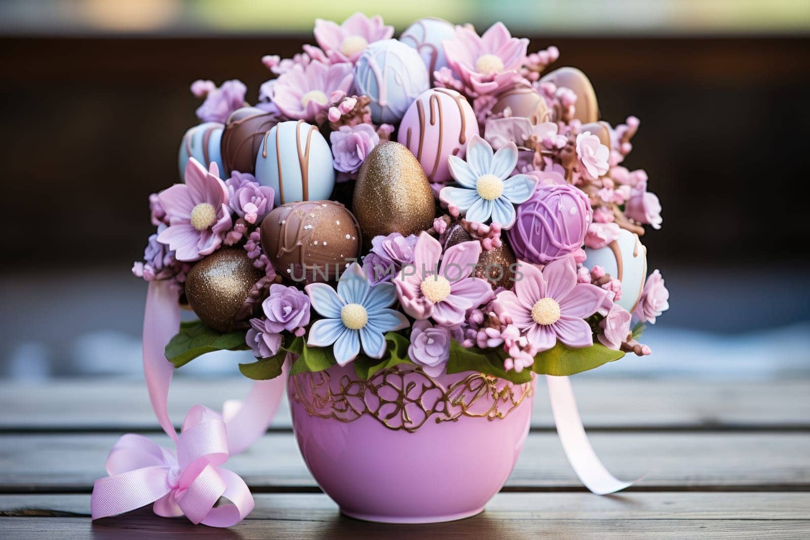 sweet food floral spring nature design for the holiday season. chocolate easter bouquet with ribbon. ai generated