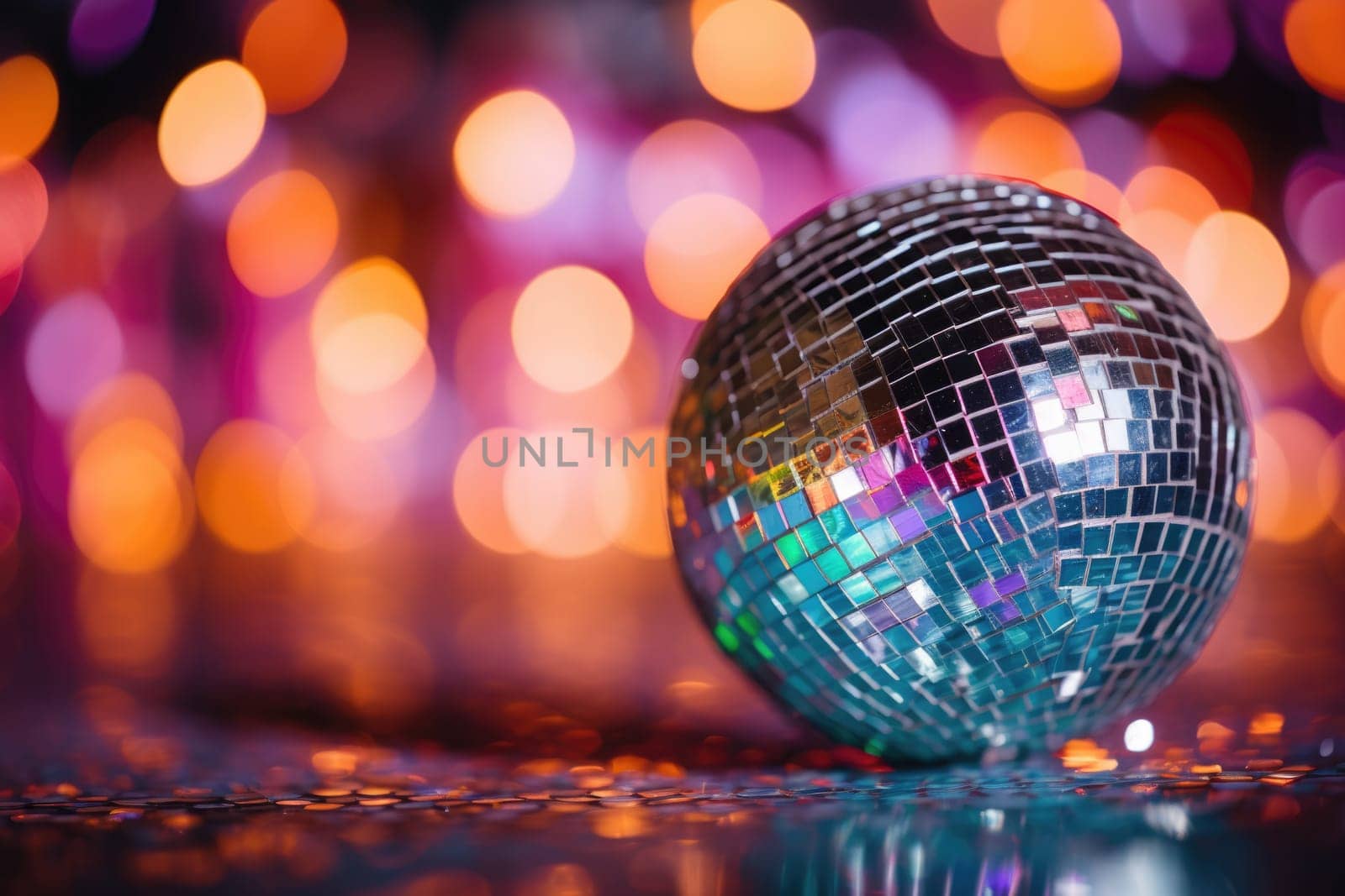 Disco ball with bright rays, night party background photo, ai generated
