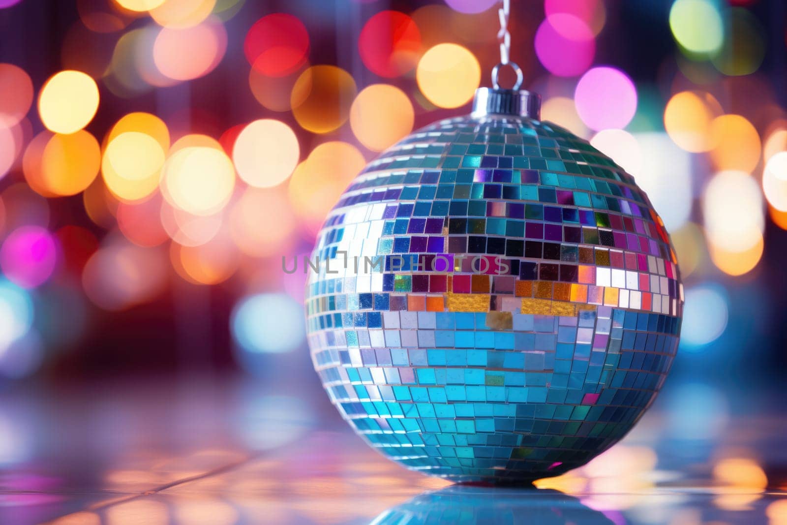 Disco ball with bright rays, night party background photo, ai generated