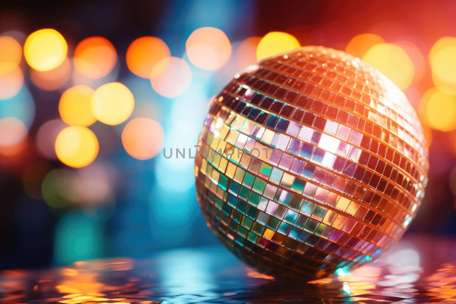 Disco ball with bright rays, night party background photo, ai generated