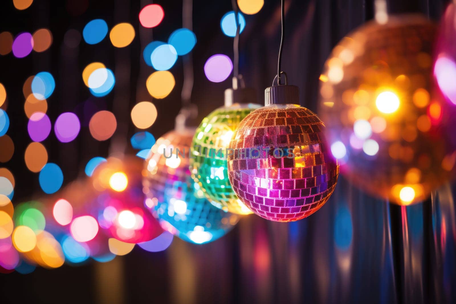 Disco ball with bright rays, night party background photo, ai generated