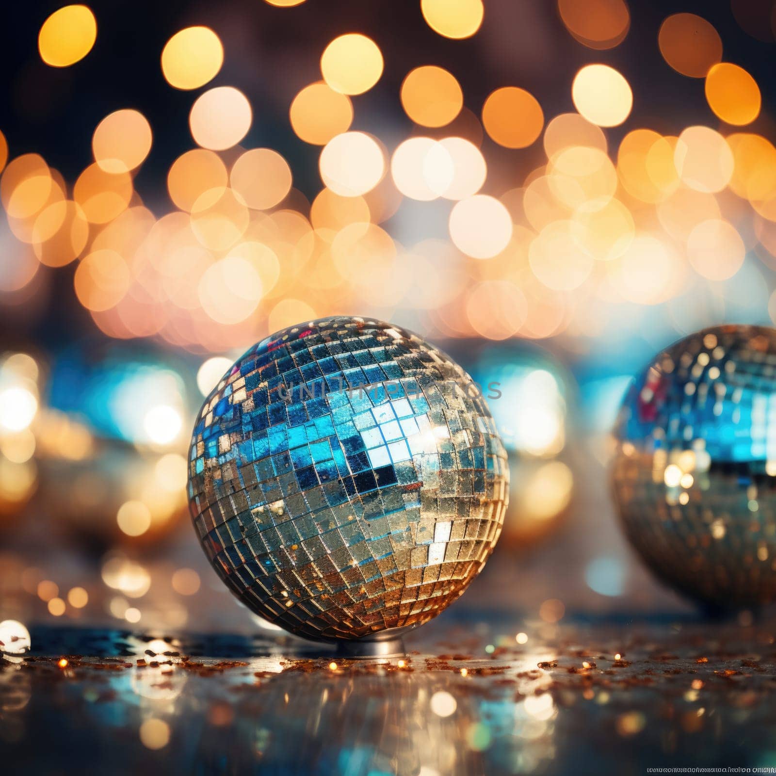 Disco ball with bright rays, night party background photo, ai generated