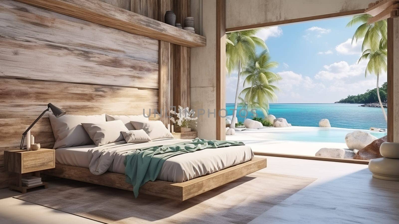 Luxury Hotel Modern interior bedroom with large windows. Summer scene ocean side. Summer, travel, vacation, dreams holiday, resort.