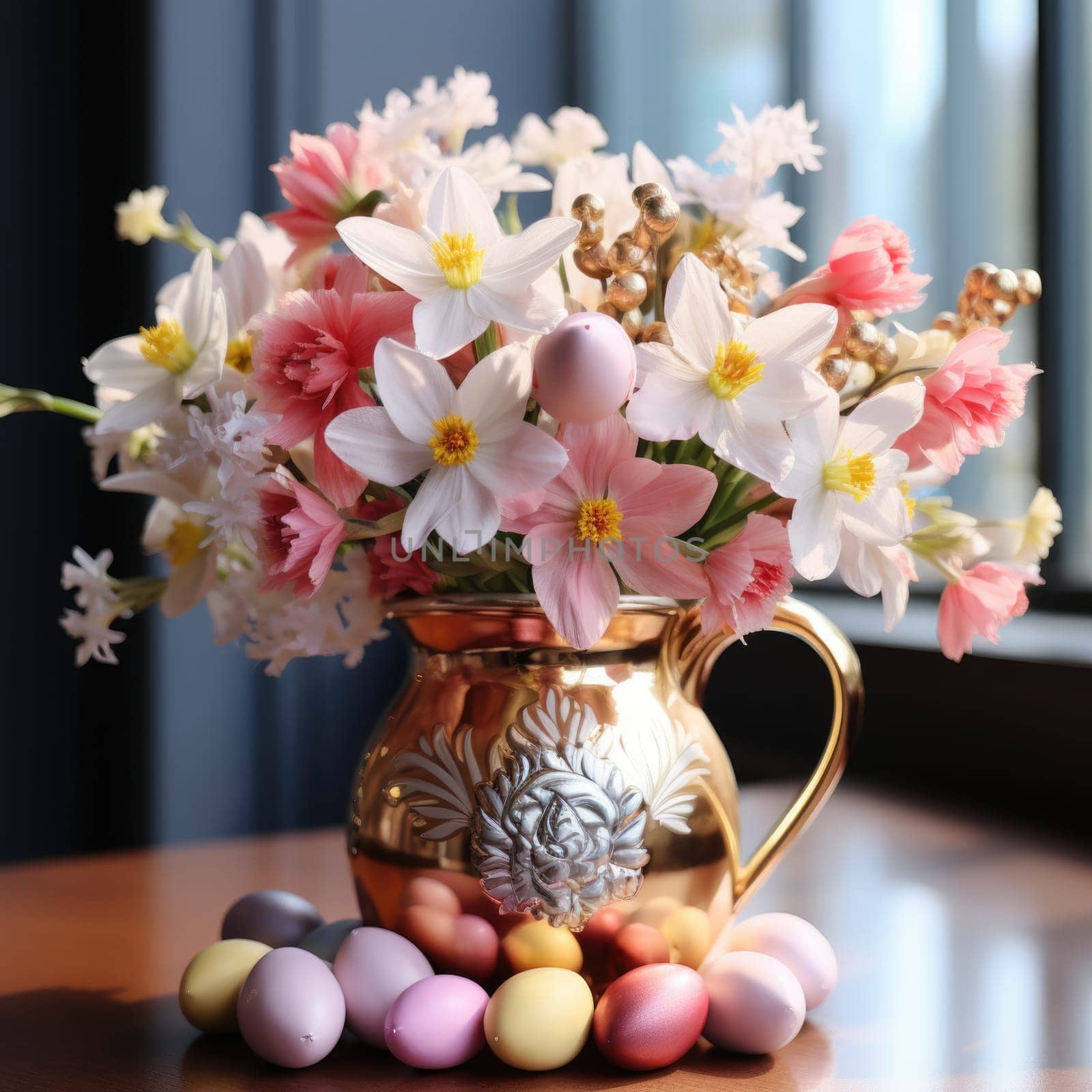 A bouquet of tulips, Easter bunnies and eggs. easter bouquet with flowers and eggs. ai generated