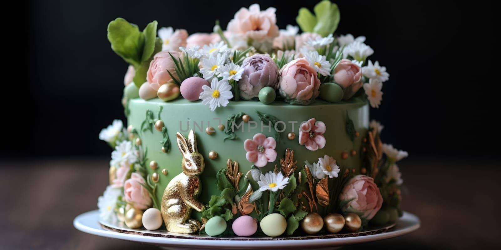 Delicious decorated Easter cake in rustic kitchen. ai generated