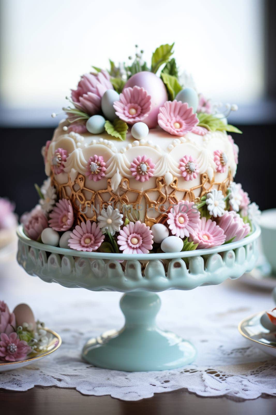 Delicious decorated Easter cake in rustic kitchen. ai generated