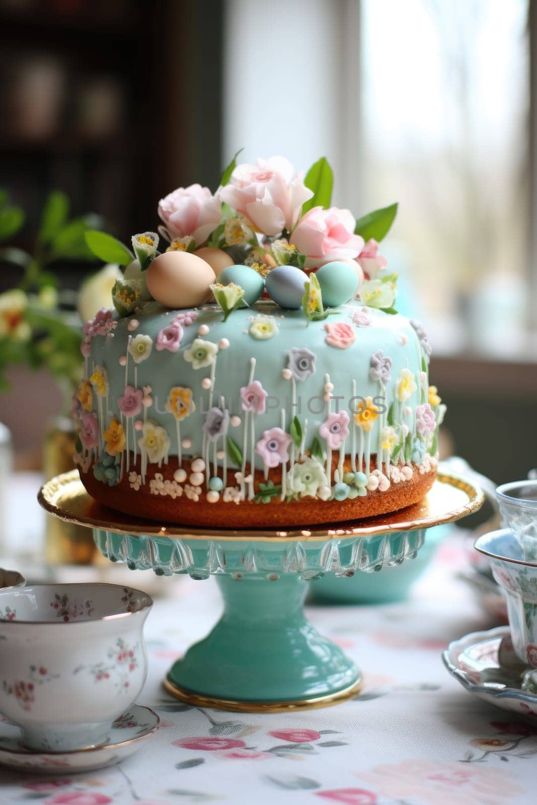 Delicious decorated Easter cake in rustic kitchen. ai generated